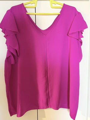 Blouse fuchsia mint with ruffled sleeves V-neck used, loose fit XL XXL