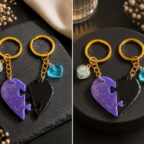 Handmade resin keychain set with two heart pieces