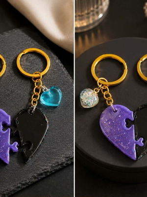 Handmade resin keychain set with two heart pieces