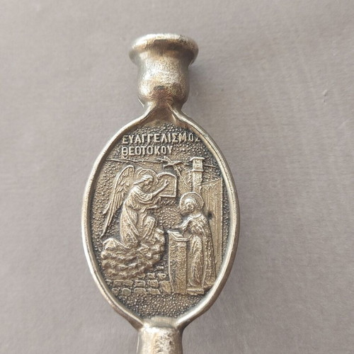 Antique silver-plated Christian candle holder with Panagia Odigitria and Annunciation