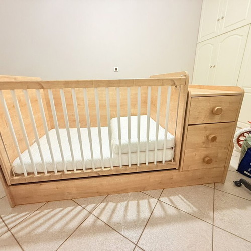 CILEK baby cot multifunctional, like new with drawer and bedside table
