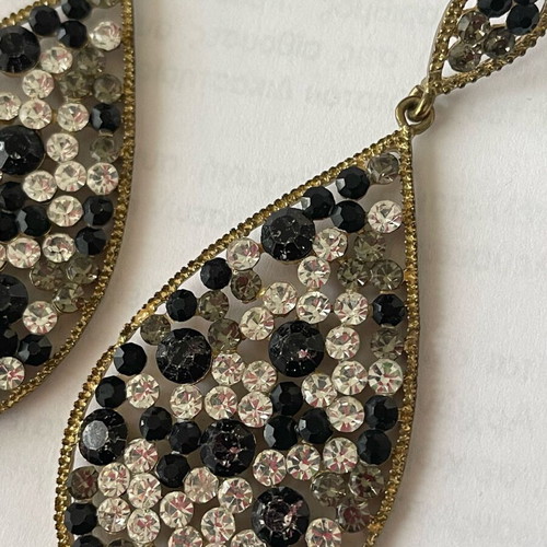 Teardrop Earrings like new, antique gold with black and clear rhinestones