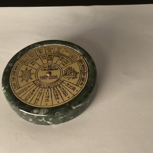 Nautical calendar paperweight 1997-2036 like new, bronze and marble