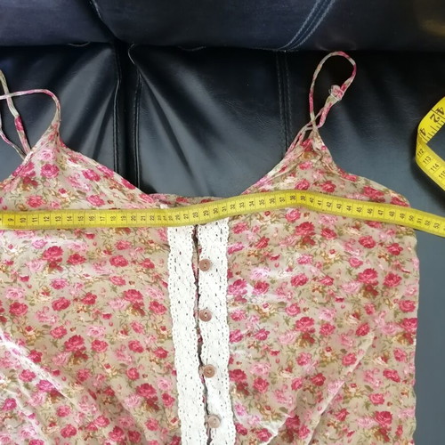 Sleeveless top with lace and adjustable cord, like new, pink and green
