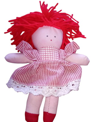 Handmade ragdoll used with red wool hair and striped dress