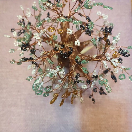 Handmade tree art piece made of copper wire and beads