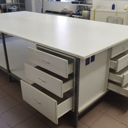 Workbench double with triple and quadruple drawers used, 25 mm melamine