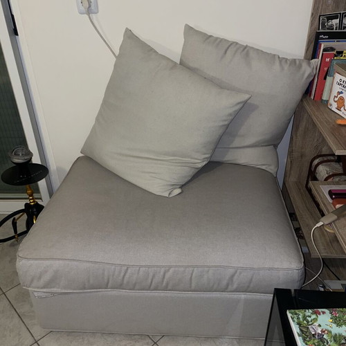 Grey two-seater sofa and armchair with storage