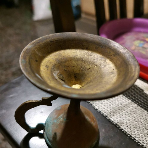 Small brass candle holder-incense burner used with authentic patina
