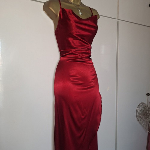 Shein dark wine red satin midi dress with slit, size medium