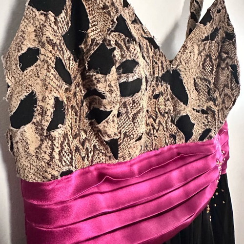 Dolce Domenica evening dress size M like new with animal print bust and fuchsia satin belt
