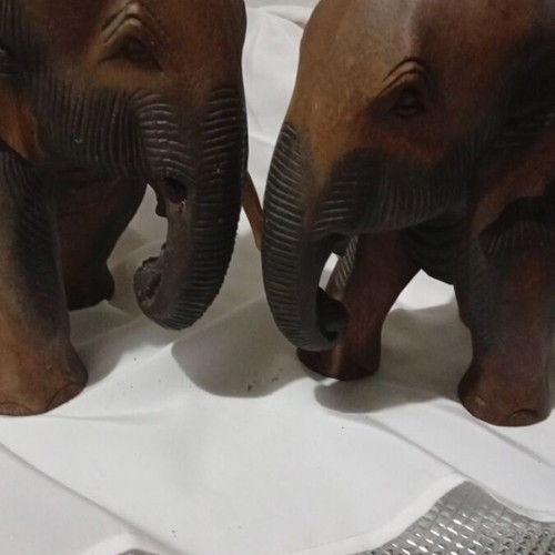 Pair of vintage handmade elephants used, solid dark wood