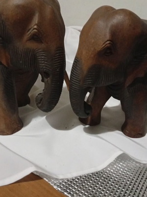 Pair of vintage handmade elephants used, solid dark wood