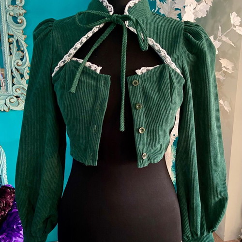 Shein green velvet corduroy cottagecore blouse new XS