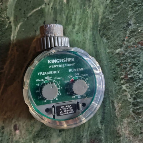 Kingfisher Analog Watering Timer used with hose pistol and accessories