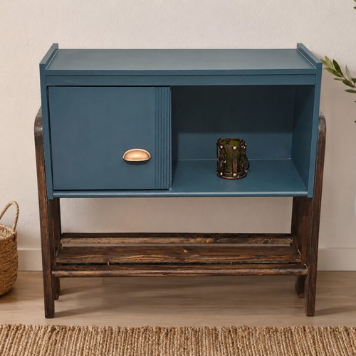 Κομοδίνο mid century Danish design μεταχειρισμένο, πετρόλ και σκούρα καρυδί απόχρωση