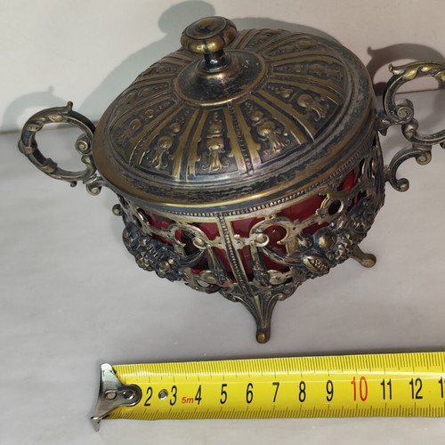 WMF Art Nouveau antique fondue sugar bowl used with red glass lining