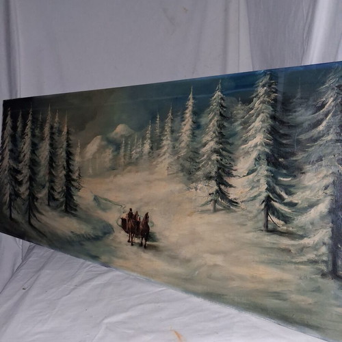 Winter painting by J. Denis used, 117x47 cm, snowy forest landscape