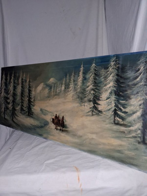 Winter painting by J. Denis used, 117x47 cm, snowy forest landscape