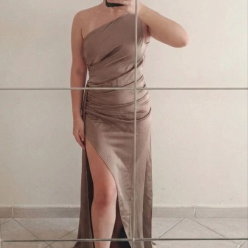 Satin dress Shein new, brown, side slit and open back, size M