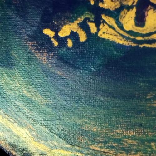 French Bulldog painting with embossed gold texture on blue background