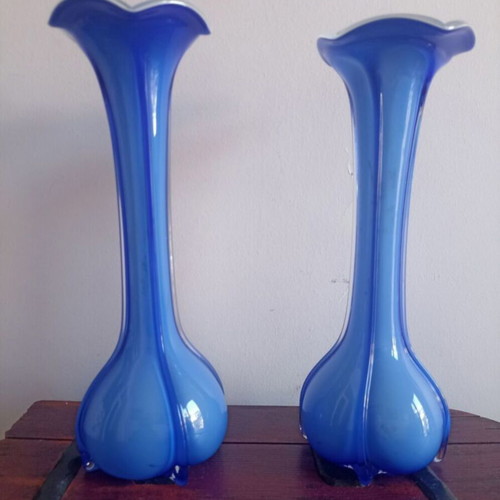 Vintage opaline vases used, set of 2, 29 cm height