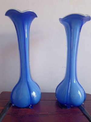 Vintage opaline vases used, set of 2, 29 cm height