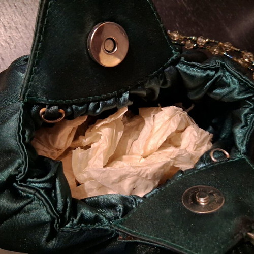 Satin evening bag in cypress color with beads like new