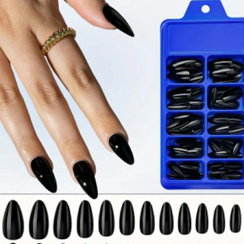 Artificial nails glossy black almond shaped new