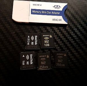 5 καρτες μνημης  m2 sony,sandisk 1gb,512mb,256mb+ adapter