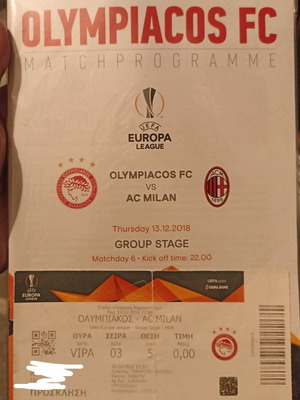 Πρόγραμμα και εισιτήριο αγώνα Ολυμπιακός - AC Milan μεταχειρισμένα, Europa League 13/12/2018