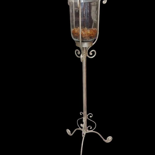 Floor candleholder metal silver matte with glass, like new