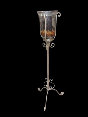 Floor candleholder metal silver matte with glass, like new