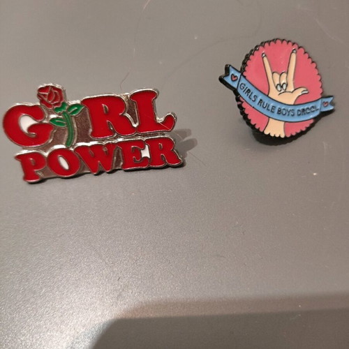 Set of 2 metal girl power pins new, multicolored