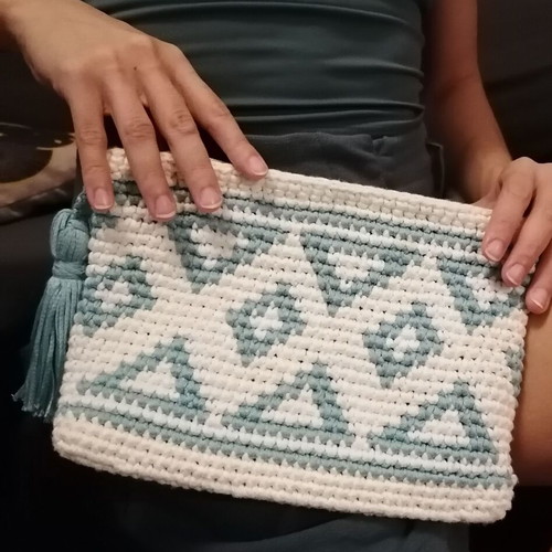 Handmade knitted toiletry bag new, white and turquoise
