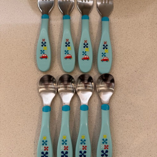 Chicco baby fork and spoon sets used, 4 pieces, blue for 18+ months