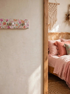 Wall hanger pink flowers with ceramic hooks, wood covered with fabric, 35x14 cm