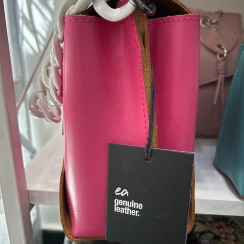 Elena Athanasiou leather handbag new, fuchsia with white strap