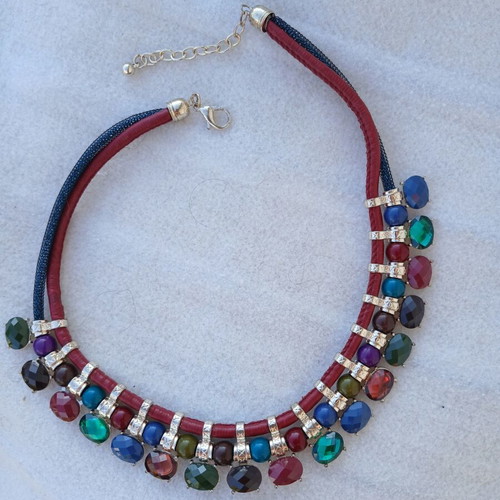 Statement multi-strand necklace with colorful stones, metal and leather, like new