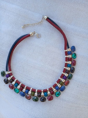 Statement multi-strand necklace with colorful stones, metal and leather, like new