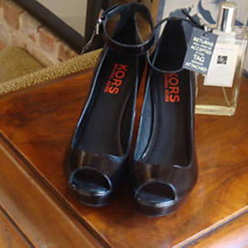 Michael Kors leather peep-toe platform wedge sandals used, size 38.5, black