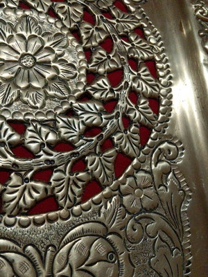 Vintage brass serving tray with embossed handles and angel motifs like new