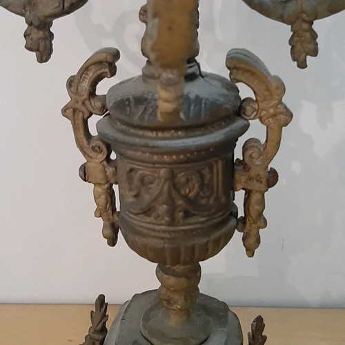 Bronze candlesticks used, pair with patina and carved base