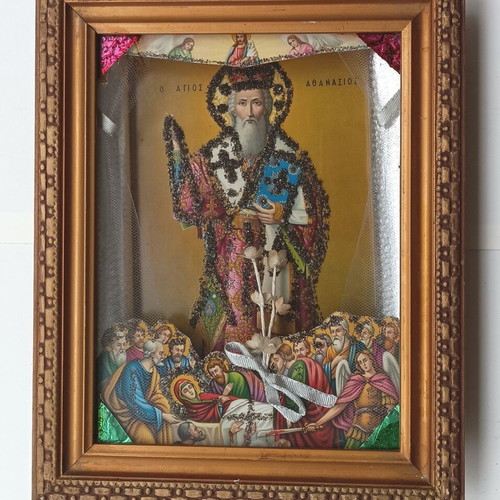 Religious icon Saint Athanasios and the Dormition of the Theotokos like new