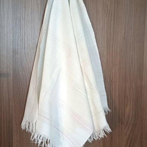 Woven kitchen towel used, vintage with stripes and fringes