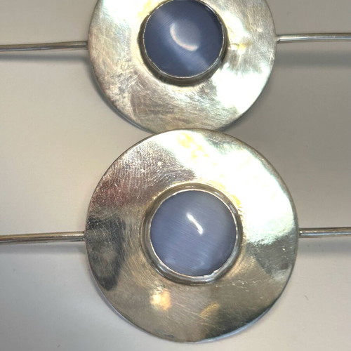 Handmade Georgian modernist earrings with blue cat’s eye stone used