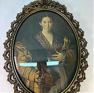 Μπαρόκ μπρούτζινη κορνίζα τοίχου απεικόνιση γυναίκας και τρωκτικού 32x22 cm