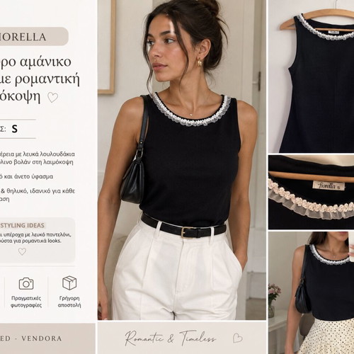 Fiorella black sleeveless top with romantic neckline and flowers size S like new