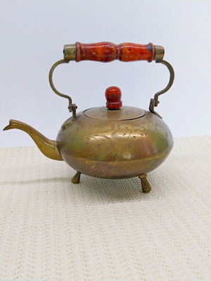 Vintage brass decorative teapot with wooden handle used, England