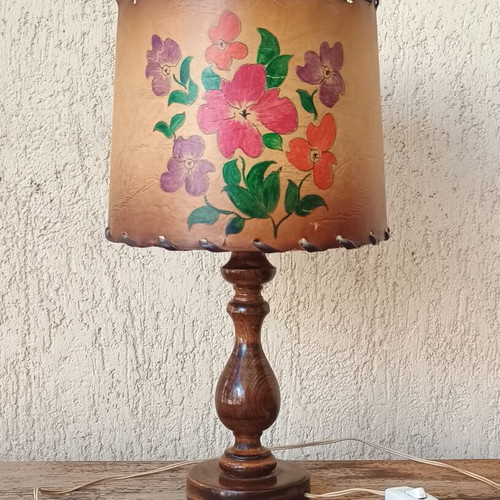 Vintage handmade wooden table lamp with paper shade used